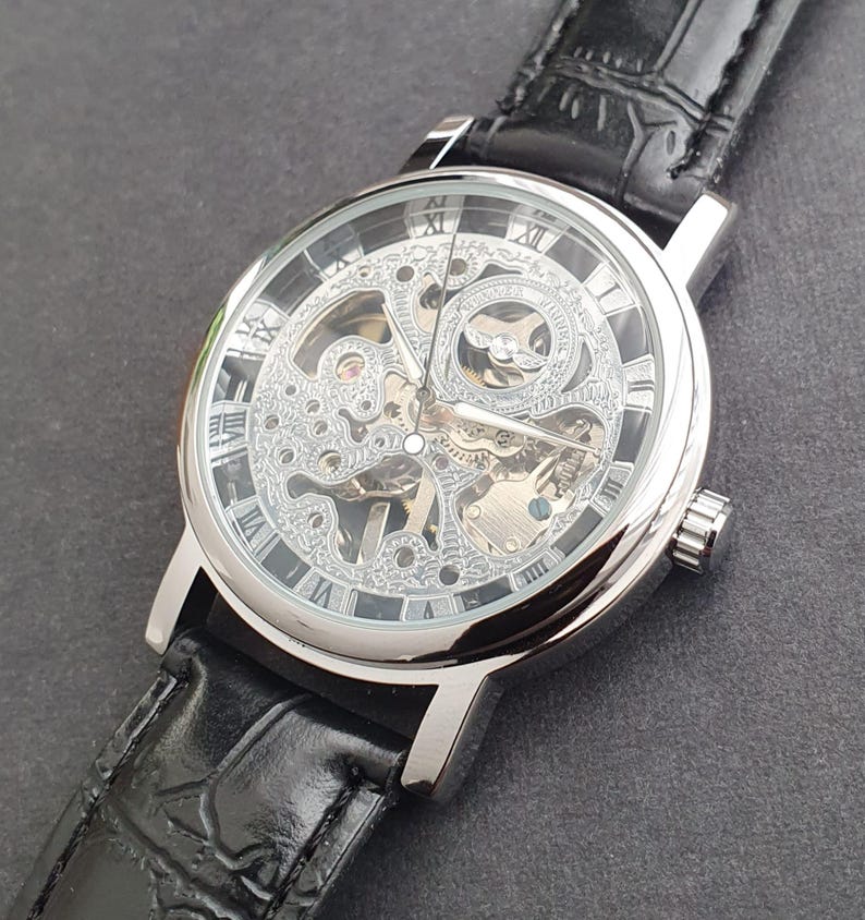 Men Automatic Watch Manual Winding Mechanical Balance Wheel Movement Skeleton Black Leather Strap Classic Professional Gentleman Wristwatch image 6