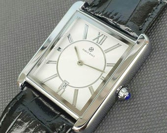 Men Classic Watch Square Rectangular Black Leather Strap Roman Numeral Luxury Smart Casual Business Professional Gentleman Wristwatch