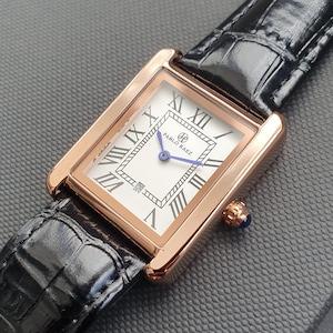 Montre classique pour femme en or rose carrée rectangulaire avec bracelet en cuir noir, chiffre romain, montre-bracelet à quartz professionnelle pour femme