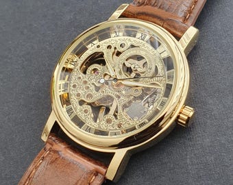Men Automatic Watch Skeleton Manual Winding Mechanical Brown Leather Strap Classic Smart Professional Gentleman Gold Wristwatch