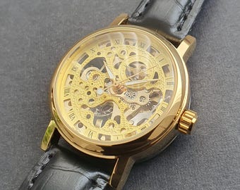 Womens Automatic Watch Manual Winding Mechanical Balance Wheel Movement Skeleton Gold Black Leather Strap Professional Ladies Wristwatch