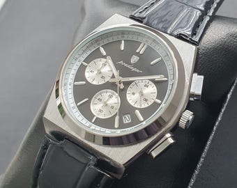 Men Chronograph Watch Smart Casual Business Luxury Sport Classic Black Leather Strap Wristwatch