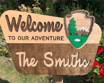 Letrero personalizado con el nombre de la familia en el Parque Nacional, decoración para autocaravanas de aventura