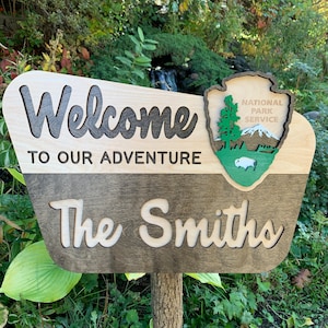 National Park Sign, Welcome Sign, Camping Sign, Personalized Wedding, Custom Wood Sign, RV Decor,  Our Adventure Sign, Family Name Sign