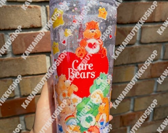 Kawaii Handmade 80s Cloud Bears Glitter Rainbow Heart Snowglobe Starbucks Cup Valentines Day Gifts  Tumblers Gifts for her Personalized Cups