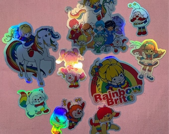 Handmade Kawaii 80s Retro Vintage Style Rainbow Brite Holographic Stickers Bundle, Laptop Decals,Gifts for her, Cute Stickers, Handade Gifts