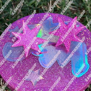 Handmade 80s Nostalgic Glitter Jem Cosplay Neon Pink Glow In The Dark Star Gem Stud Earrings image 3