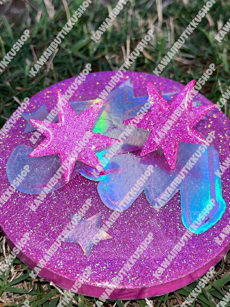 Handmade 80s Nostalgic Glitter Jem Cosplay Neon Pink Glow In The Dark Star Gem Stud Earrings image 3