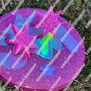 Handmade 80s Nostalgic Glitter Jem Cosplay Neon Pink Glow In The Dark Star Gem Stud Earrings image 2