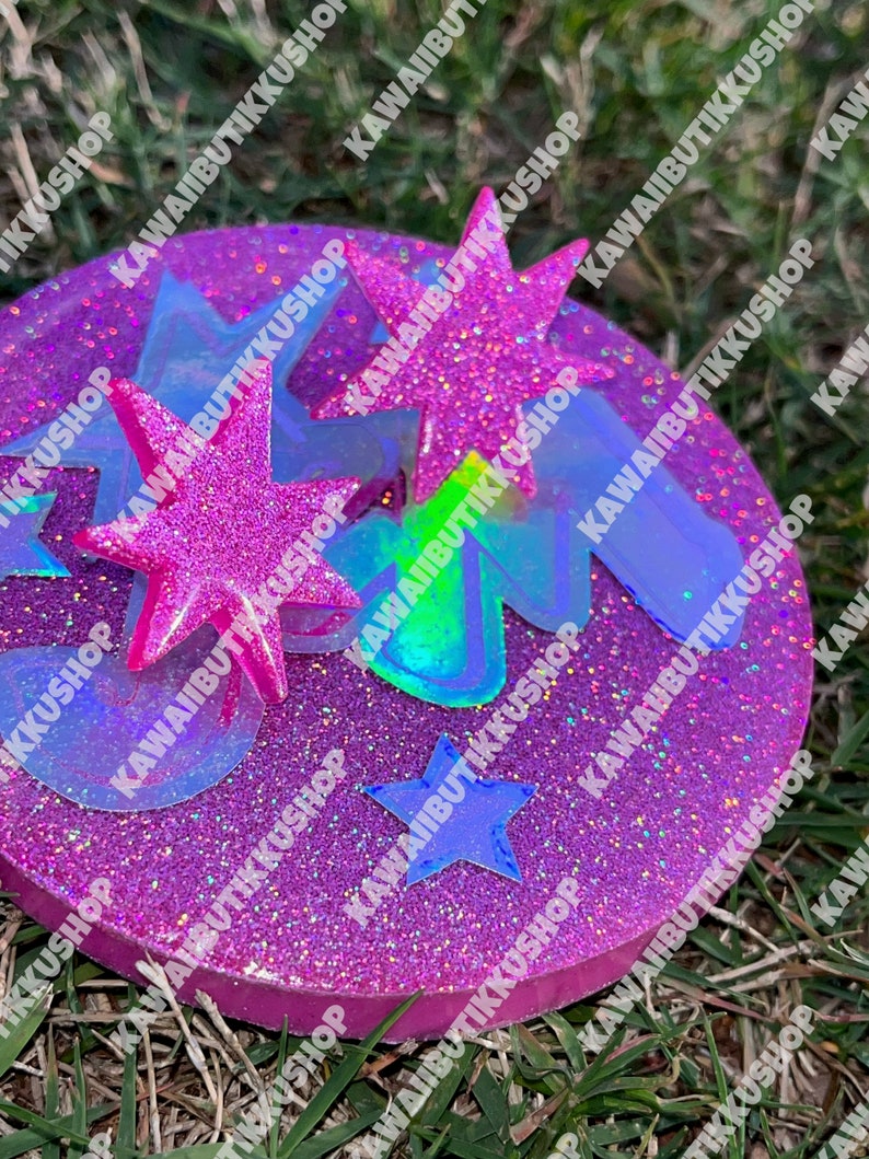Handmade 80s Nostalgic Glitter Jem Cosplay Neon Pink Glow In The Dark Star Gem Stud Earrings image 2