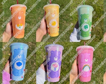 Handmade 80s Cartoon Kawaii Bears Who Care Inspired Rainbow Glitter Iridescent Starbucks Tumbler 24oz