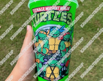 Handmade Vintage 80s Neon Glow In The Dark Green TMNT Pizza Turtles Cartoon Starbucks Cold Cup