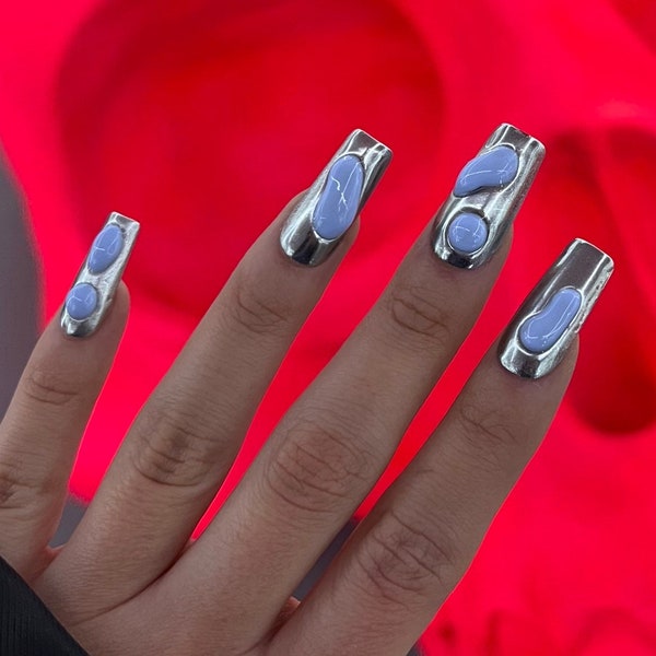 blue and Chrome silver nails 3d drops / press on nails / 3d nails / Luxury press on nails / Fake nails / long false nails / 3d nails