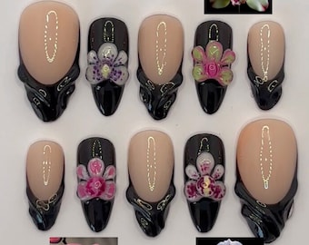 Freestyle 3D orquídea floral coqueta Prensa en uñas uñas francesas negras / uñas de almendra flor / uñas postizas / uñas Y2K