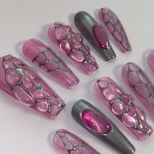 pink and metallic silver 3d drops coffin press on nails / y2k nails / Luxury press on nails / Fake nails / silver cat eye nails