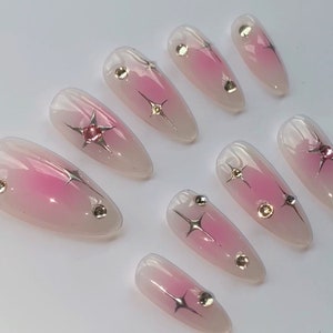 milky and pink aura chrome silver stars nails / starburst press on nails / Luxury press on nails / almond long false nails / y2k nails