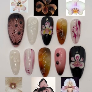 Freestyle 3D orquídea floral coqueta Presione en las uñas uñas rosas y marrones / uñas de almendra flor / uñas postizas / uñas Y2K