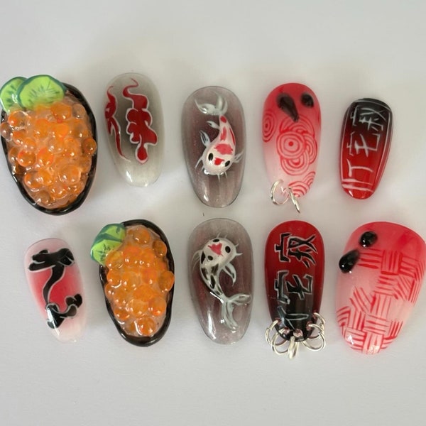 stampa a spillo rosso nero bianco sulle unghie / unghie ispirate al Giappone / unghie 3d / unghie di lusso / unghie finte / unghie aerografo / unghie y2k / sushi