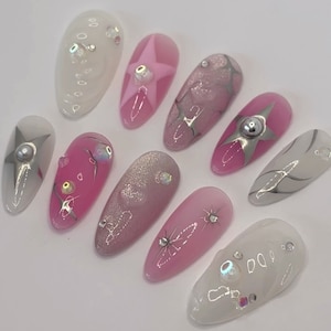 milky and pink chrome silver stars press on nails / starburst press on nails / Luxury press on nails / almond false nails / y2k nails /