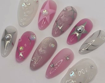 milky and pink chrome silver stars press on nails / starburst press on nails / Luxury press on nails / almond false nails / y2k nails /