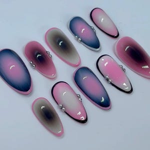 Pink black and white aura press on nails / almond press on nails / Luxury press on nails / long false nails / piercing y2k press on nails