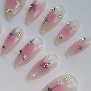 Milky and Pink Aura Chrome Silver Stars Nails / Starburst Press on ...