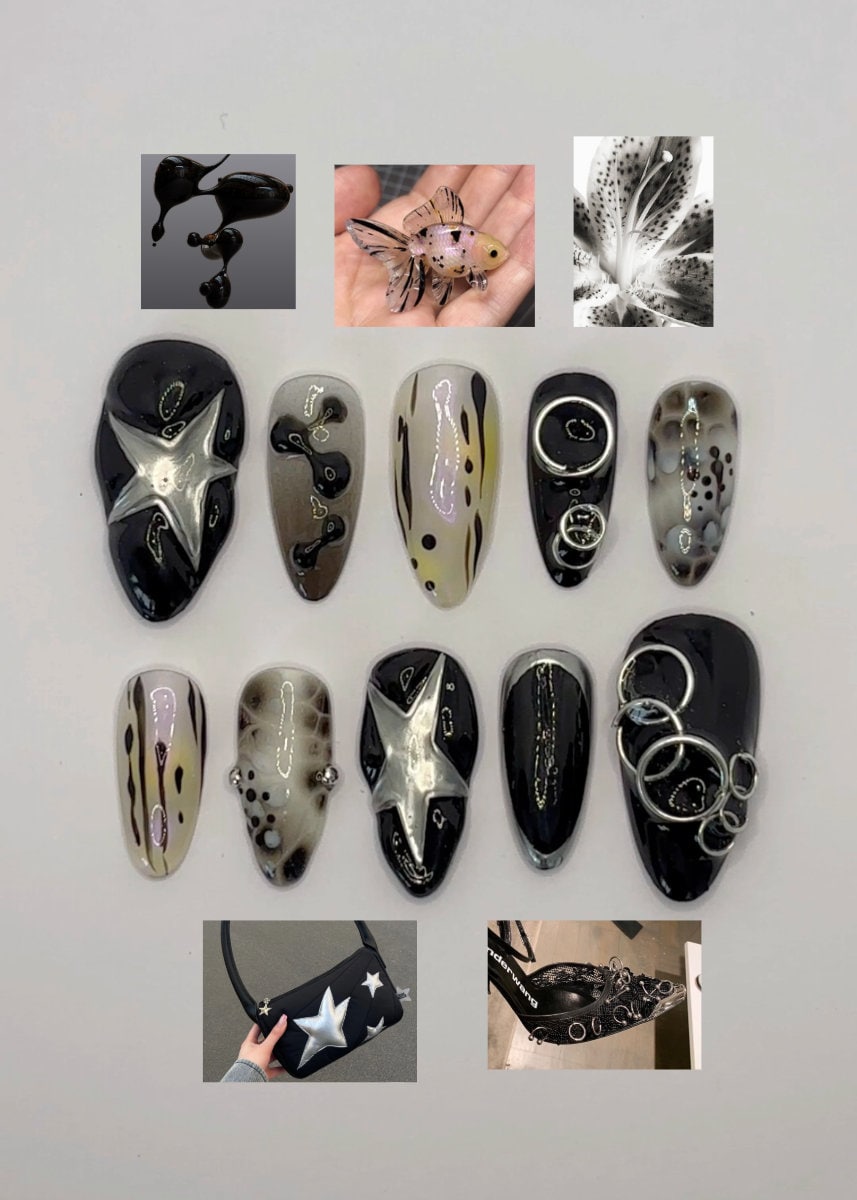 Black starburst 3D Press-On Nails cromo y blanco Almond piercing Nails / Uñas falsas / Uñas Y2K / uñas punk