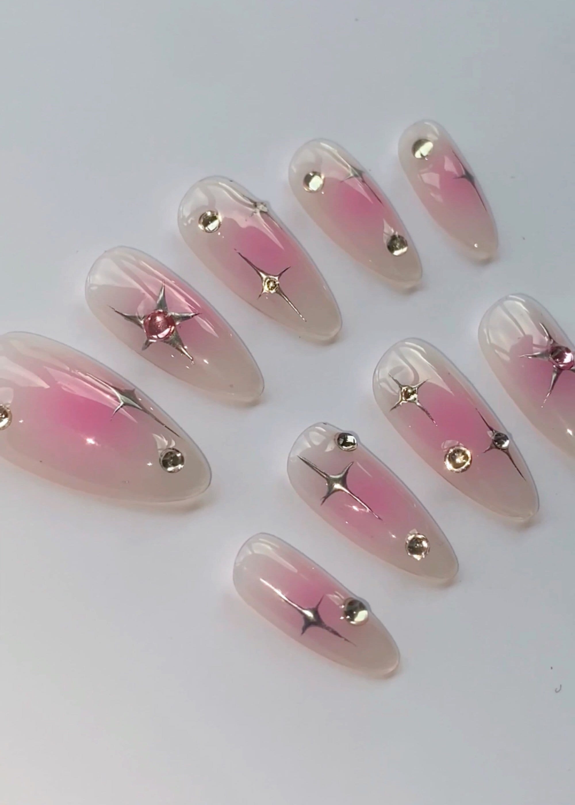 milky and pink aura chrome silver stars nails / starburst press on nails / Luxury press on nails / almond long false nails / y2k nails