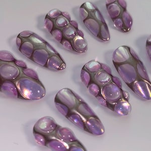 3d drops galactic purple and bronze almond press on nails / 3d nails / Luxury press on nails / Fake nails / airbrush nails / y2k nails