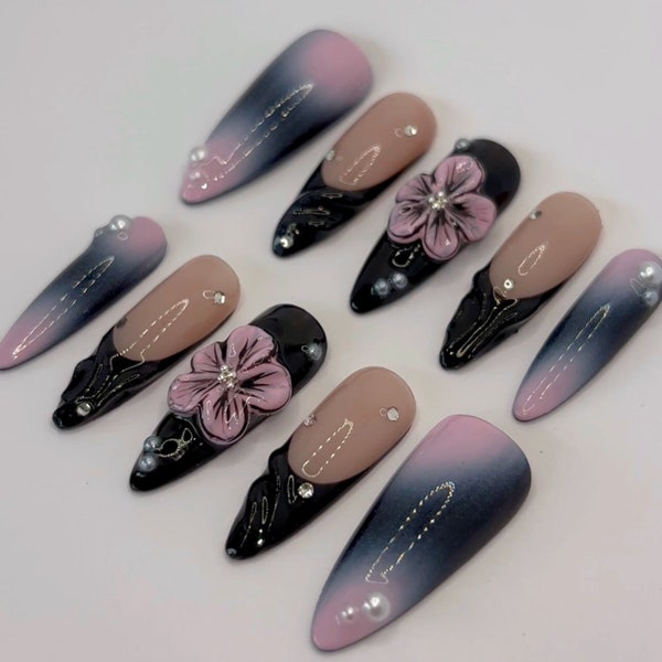 Floral french black and ponk aura press on nails / 3d floral nail / Custom Handpainted Fake nails / 3D Dry Orchard Flower / y2k nails