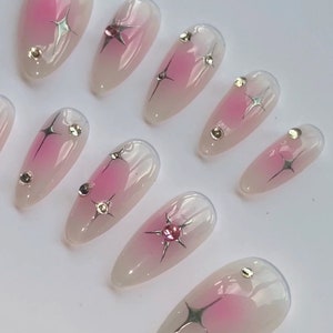 Milky and Pink Aura Chrome Silver Stars Nails / Starburst Press on ...