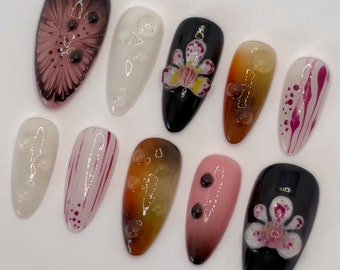 Floral Orchid Freestyle 3D Press-On Nails Uñas de flor de almendra rosa y marrón / Uñas falsas / Uñas Y2K / uñas de coqueta