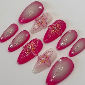 pink and white orchid aura press on nails / 3d floral nail / Custom Handpainted Fake nails / 3D Dry Orchard Flower Long Almond / y2k nails