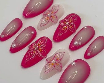 Orchidée rose et blanche à presser sur les ongles / Ongle floral 3D / Faux ongles peints à la main personnalisés / Fleur de verger sèche 3D amande longue / ongles y2k