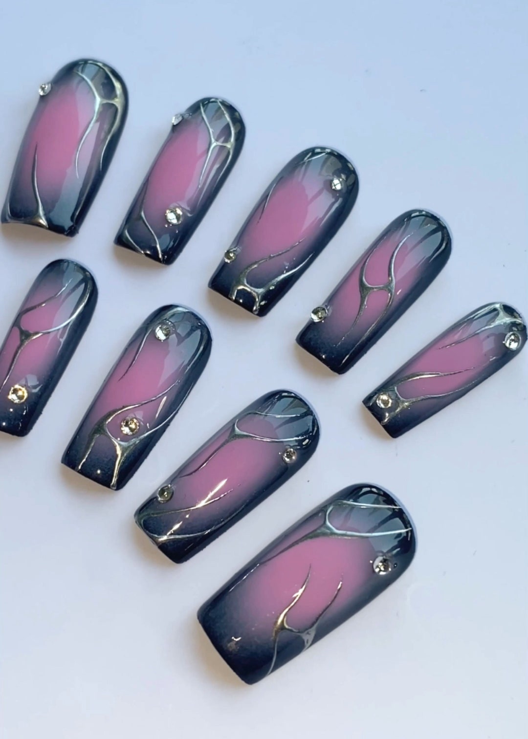 Black and Pink Aura Tribal Chrome Silver Nails / Press on Nails ...
