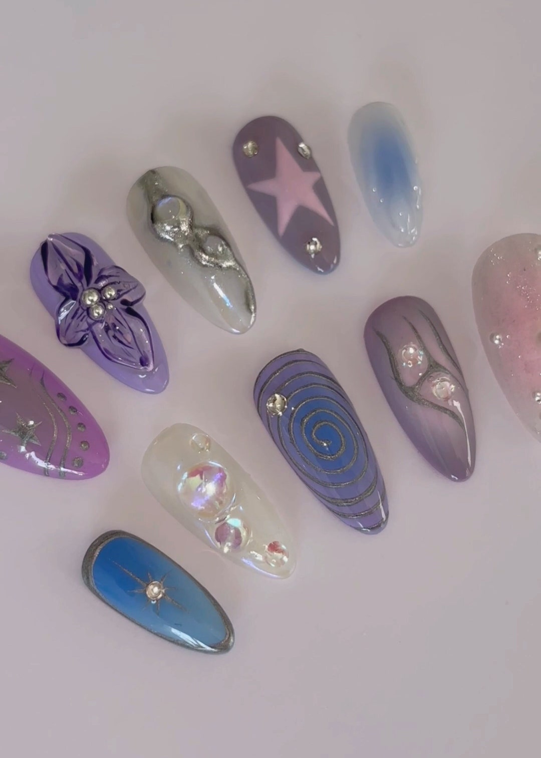 Freestyle 3D Almond Press on Nails Colourful Cute Handpainted - Etsy