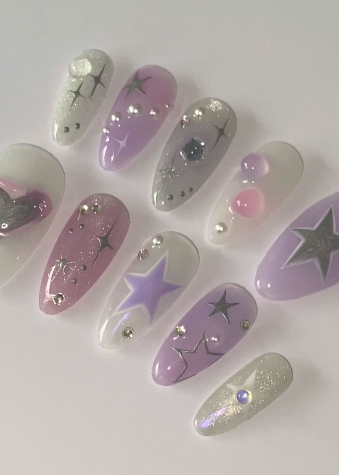 Milky Pink Lilac Chrome Silver Stars Press on Nails / Starburst Press ...
