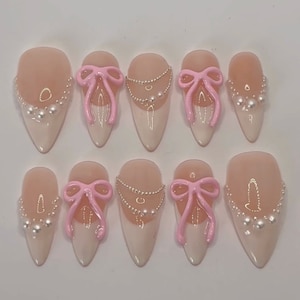 French coquette almond press on nails / ribbon bow press on nails / pearls luxury press on nails / almond false nails / y2k nails