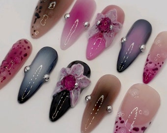 Uñas postizas 3D estilo libre con diseño floral de orquídeas Rosa y negro / floral Almond Nails / aura Fake Nails / Y2K Nails / coqueta uñas