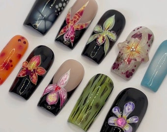 Uñas prensadas de coqueta floral 3D de estilo libre / uñas de orquídeas cuadradas / uñas postizas pegadas / uñas Y2K