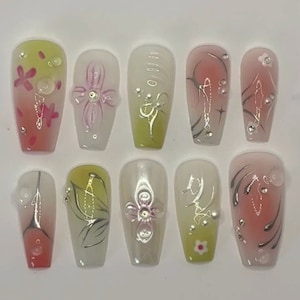 Freestyle pearly 3d pink white and green aura almond nails /Cute Handpainted Fake Nails, Holiday Birthday Event Nails / floral aura nails