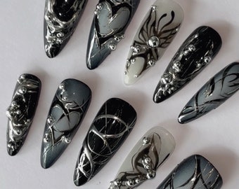 Freestyle black and chrome aura almond nails /goth Handpainted Fake Nails, Holiday Birthday Event Nails / goth butterfly heart 3d aura nails