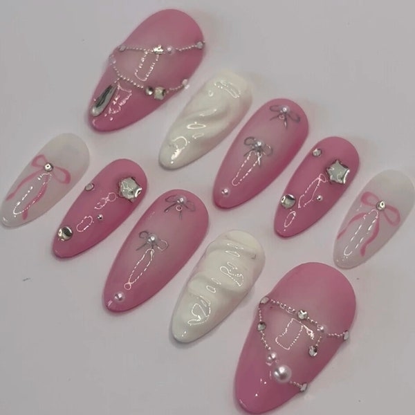 Freestyle 3d pink and white aura almond nails /Cute Handpainted Fake Nails, Holiday Birthday Event Nails / coquette ribbon bow aura nails