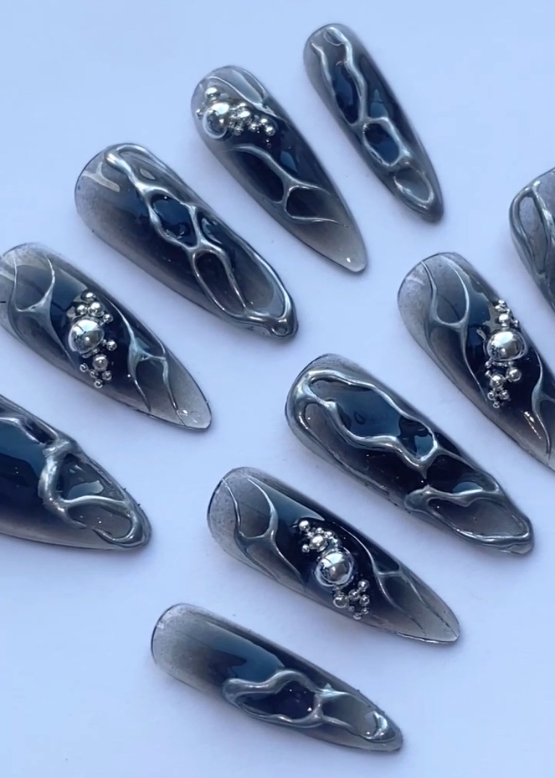 Black Aura Metallic Silver 3d Stiletto Press on Nails / Y2k - Etsy