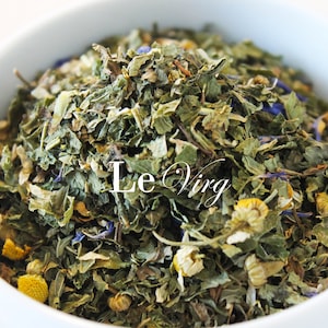 Calming Organic Therapeutic Herbal Tea Blend Relaxation Chamomile Peppermint Lemon Balm Rosemary Cornflower Petals  LeVirg