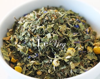 Calming Organic Therapeutic Herbal Tea Blend Relaxation Chamomile Peppermint Lemon Balm Rosemary Cornflower Petals  LeVirg
