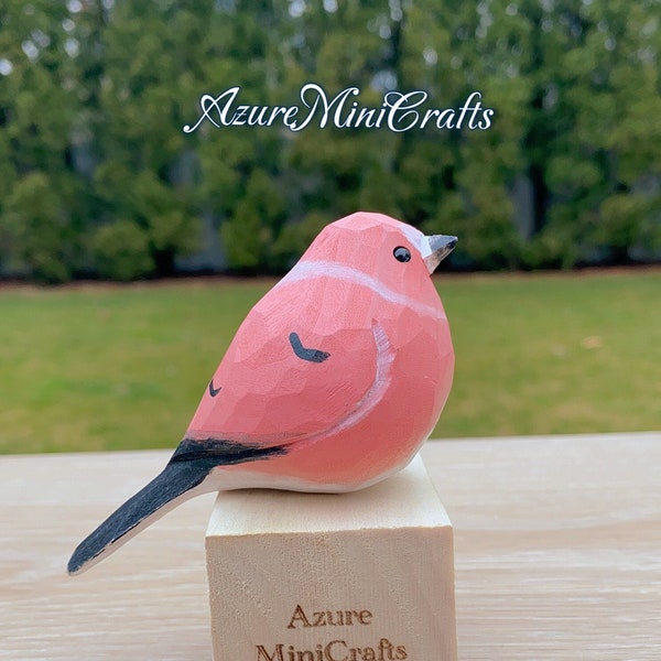 Handmade Wood Carving Bird Miniature Figurine Carpodacus roseus Pallas rosefinch pink finch Fringillidae purple finch Ornament