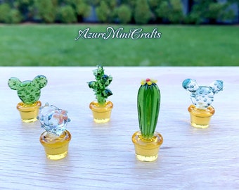 Handmade Mini Glass Cactus Flower Bonzai Miniature Sets | Art Cactus Glass Figurine Glass Plant | Glass Flower Father's Day gift for father