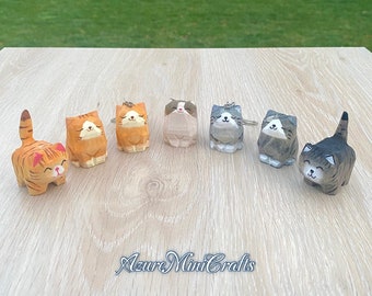 Handmade Wood Carving Cat (Keychain Optional) 3'' Miniature Figurine Cat Kitten Ragdoll| Animals Pet Home Decor father's day gift for father