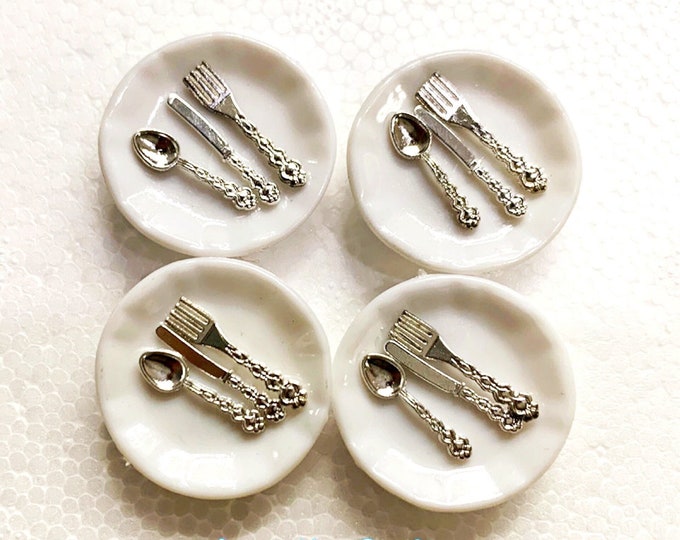 1:12 Miniature Plate & Silverware Set | White Plate Silver Utensil ...